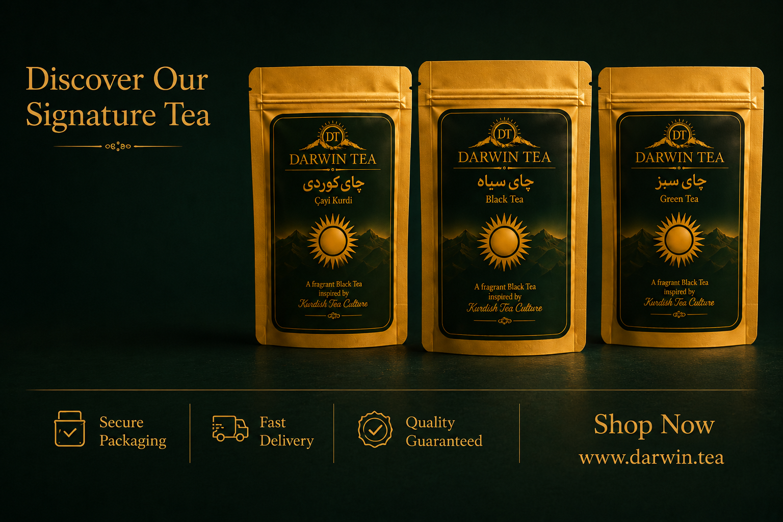 Darwin Tea pouch beside a glass of tea in a warm interior