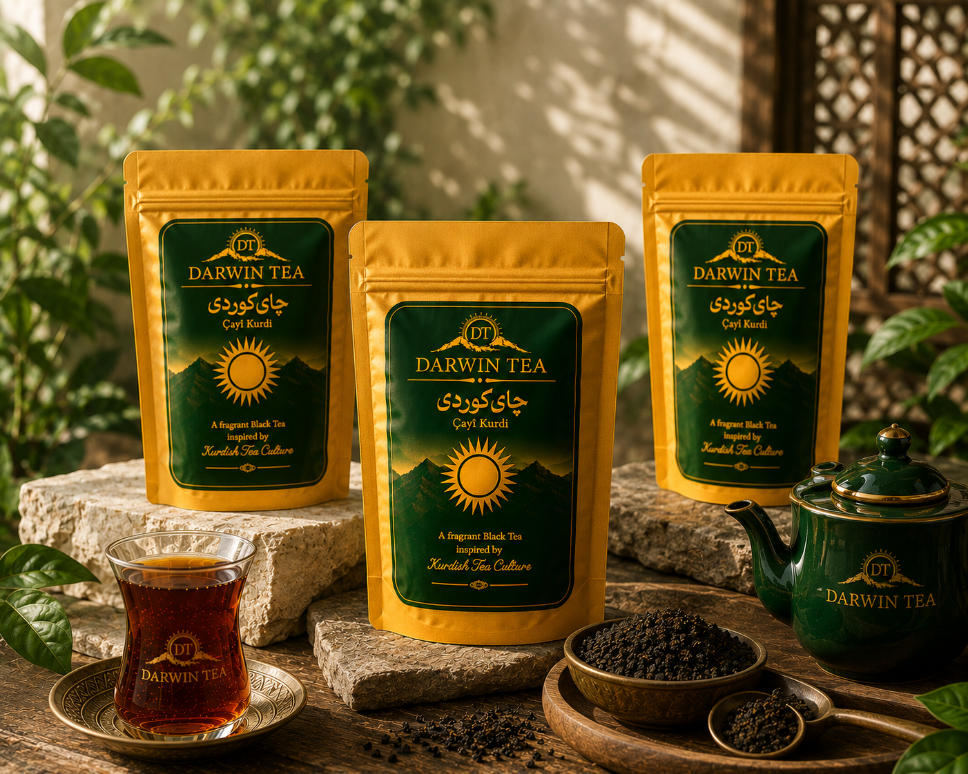 Darwin Tea arranged with teapot, glass, and tea leaves in daylight