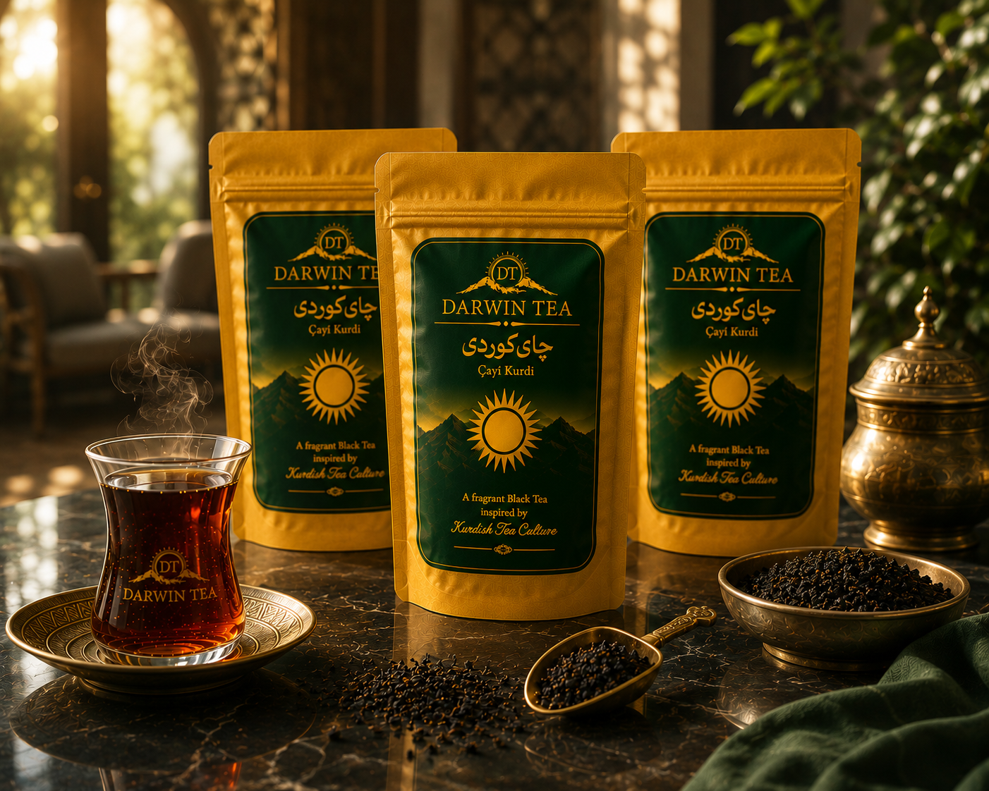 Darwin Tea three-pack arranged in a warm lounge setting