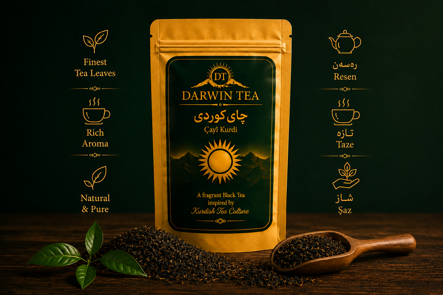 Darwin Tea hero packshot with tea glass and teapot